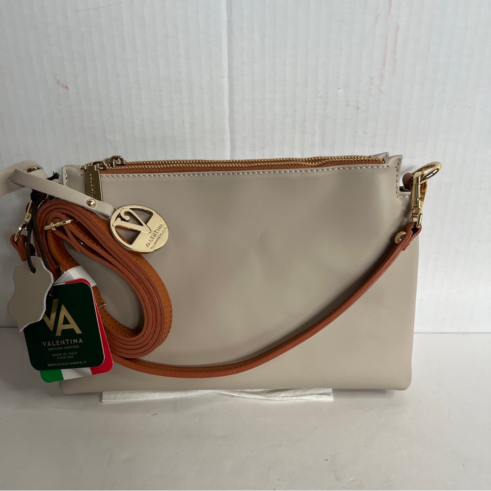 NWT Valentina smooth Italian Leather Small CrossBody Bag In Taupe Color